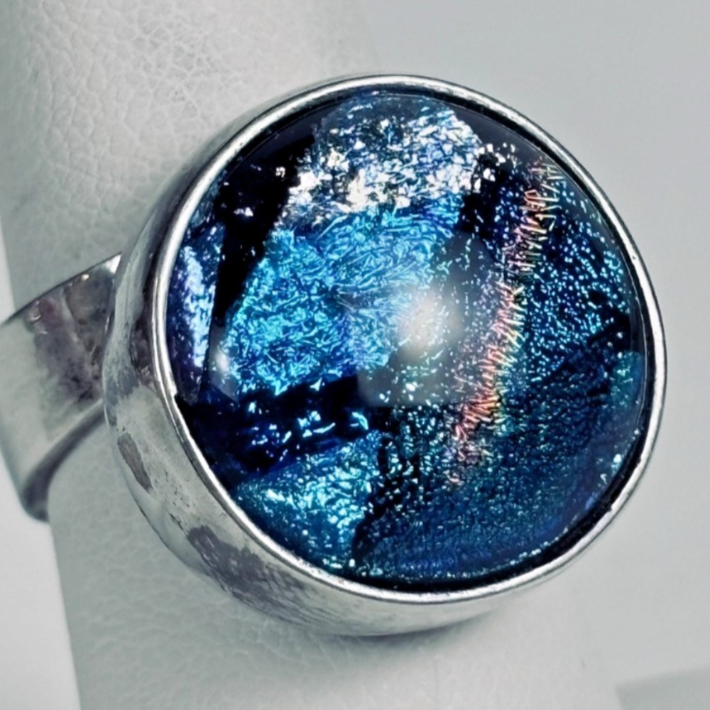 925 Sterling Silver Vintage Dichroic Glass Modernist Ring Size 7.25 / 13.4 Grams